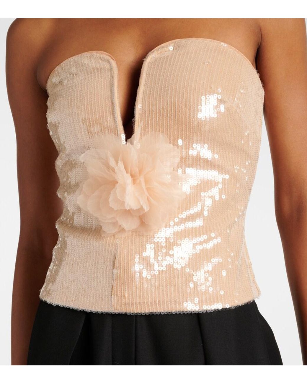 Self-Portrait Natural Floral-Applique Sequined Bustier Top