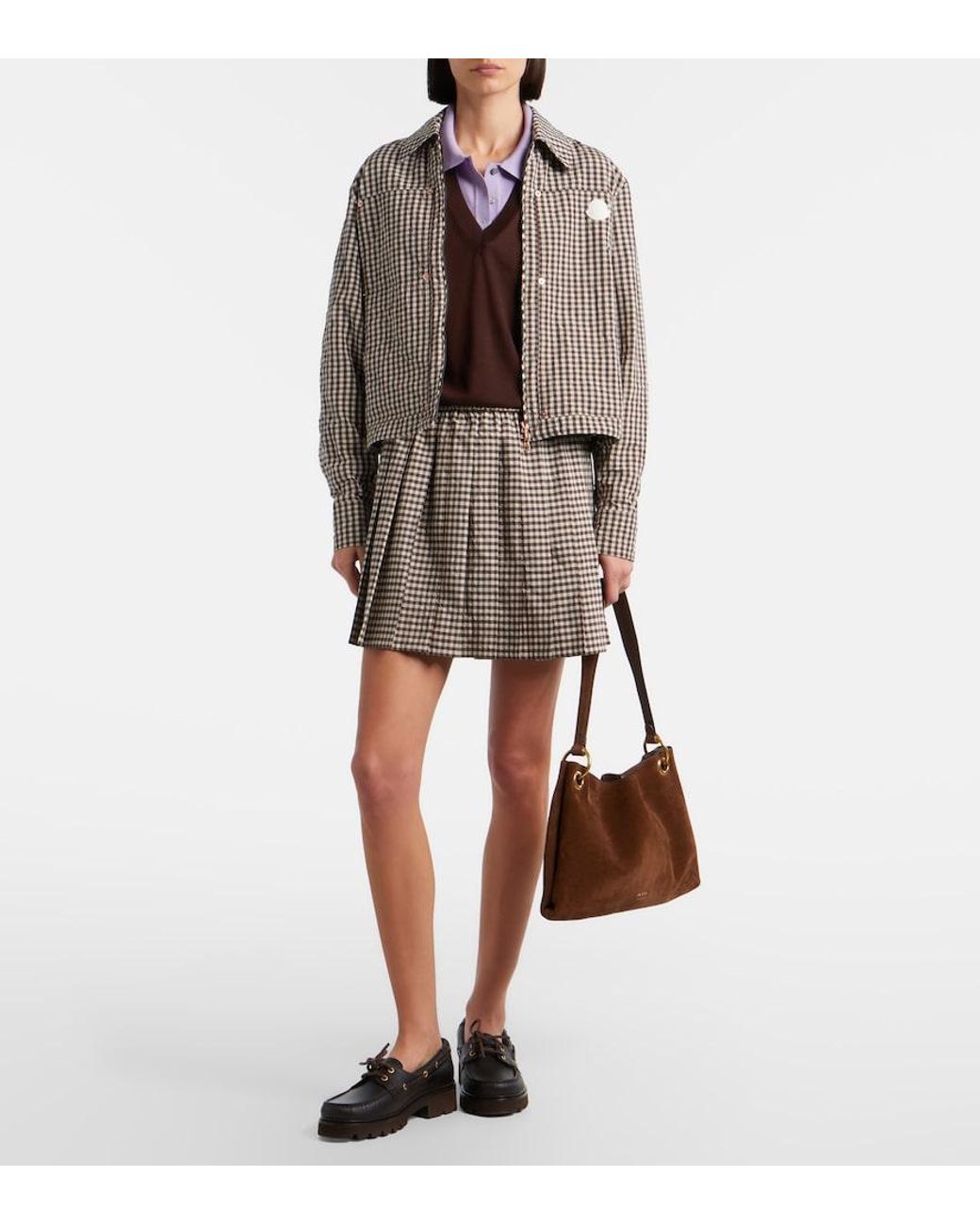 Moncler Brown Pleated Gingham Cotton-Blend Miniskirt