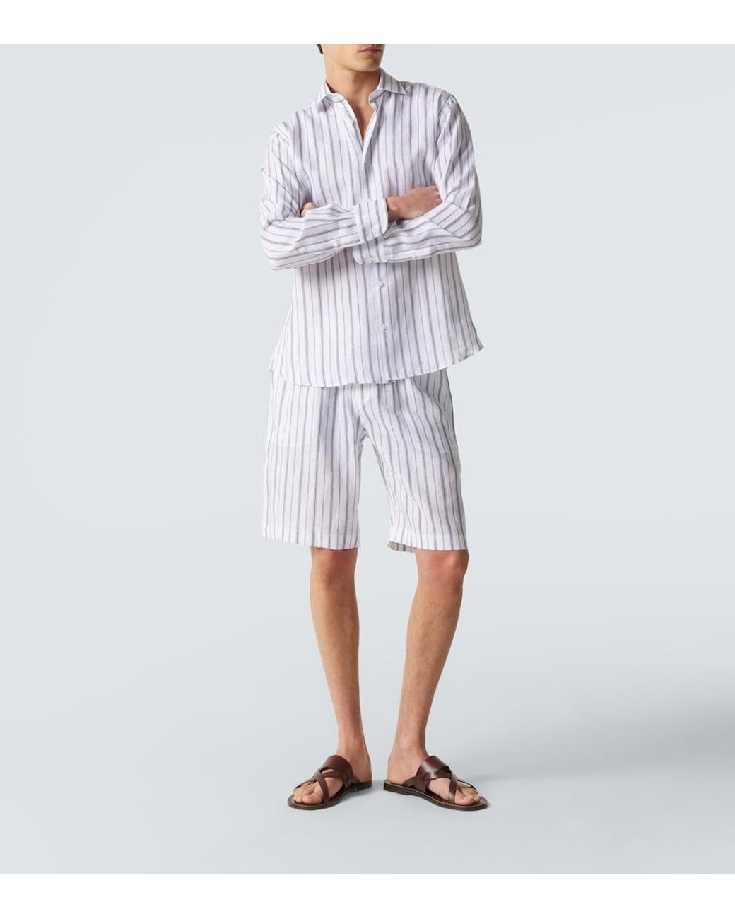 Fedeli White Striped Linen Bermuda Shorts for men