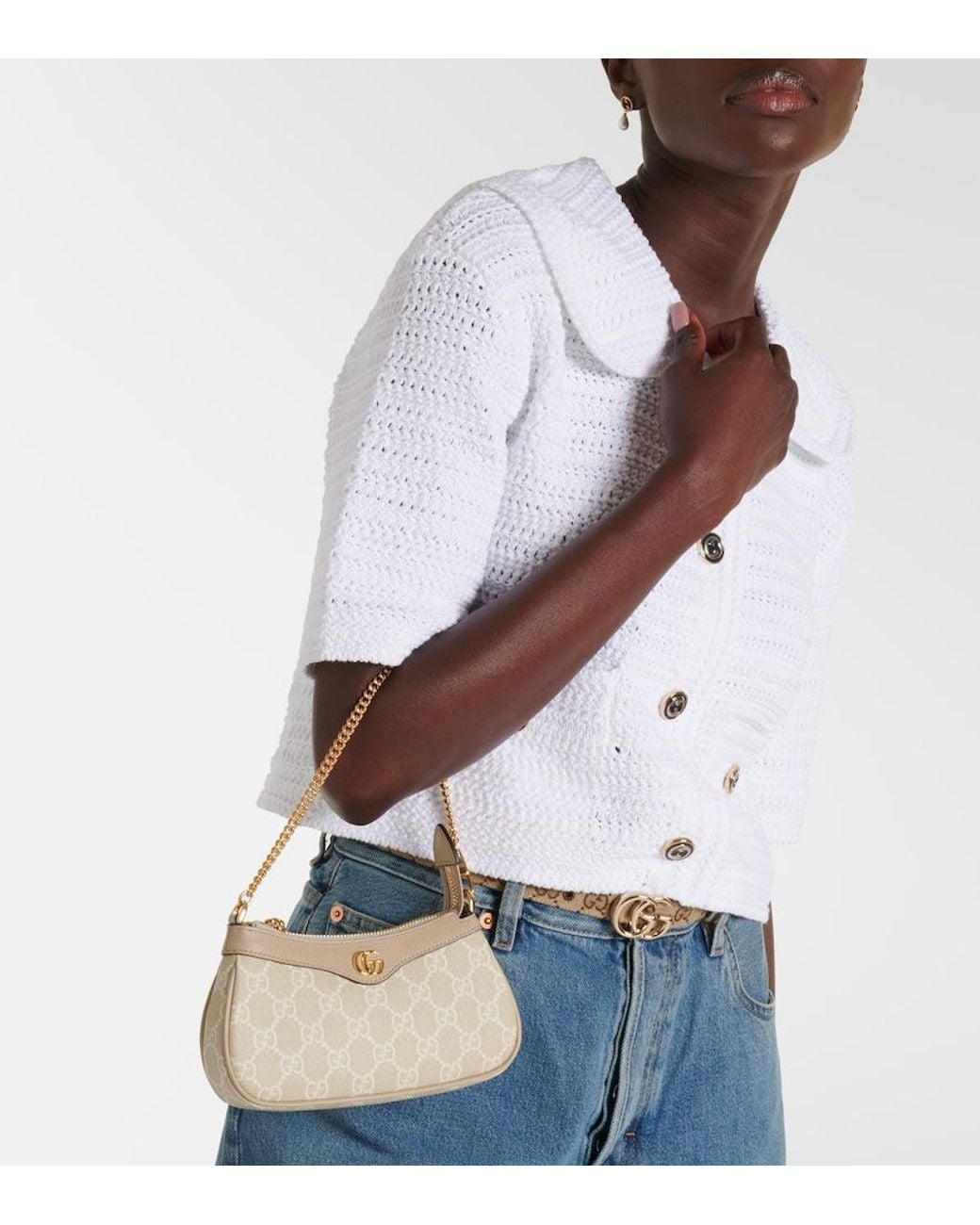 Gucci Natural Ophidia Mini Leather-Trimmed Shoulder Bag