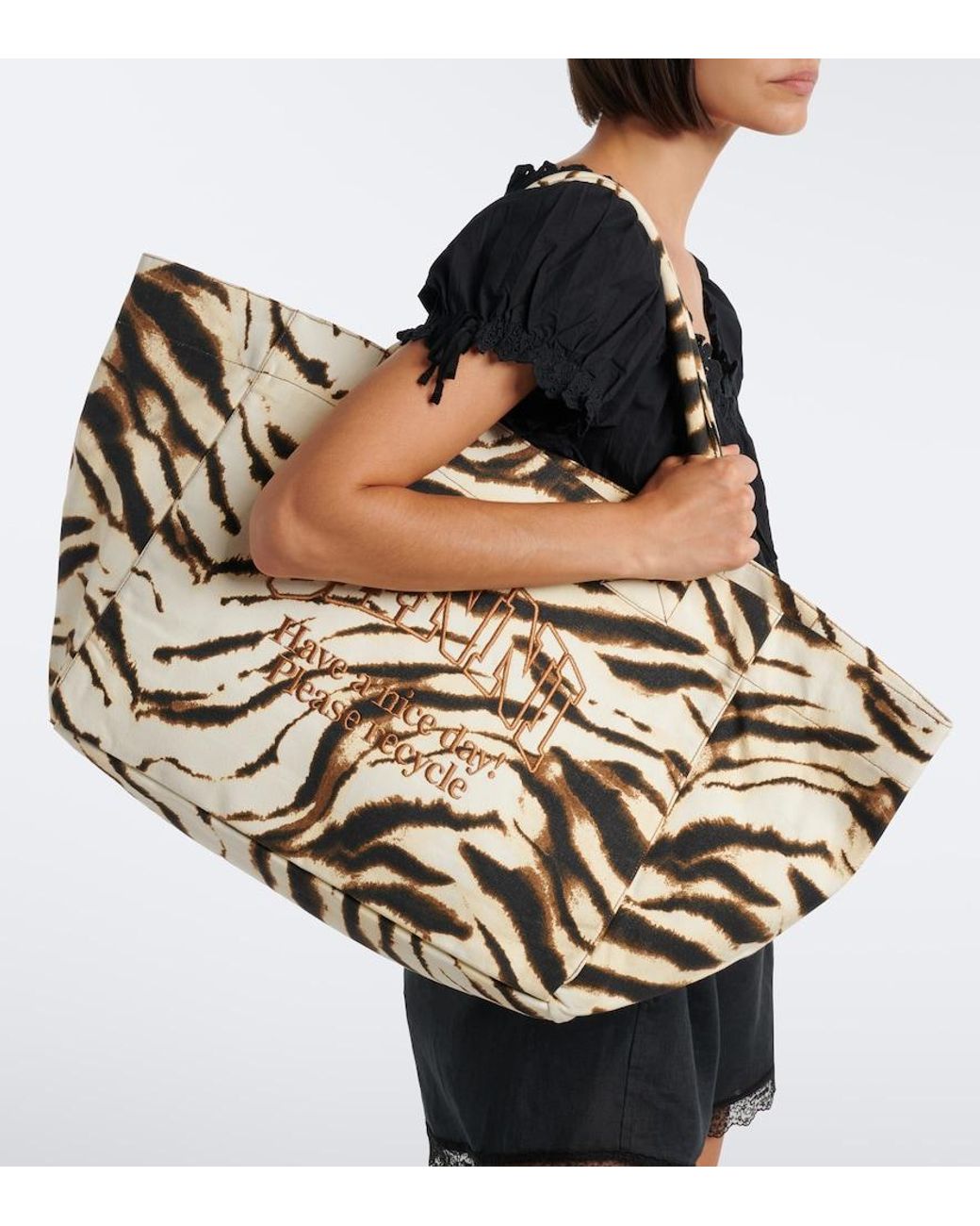 Ganni Metallic Large Zebra-Print Canvas Tote Bag