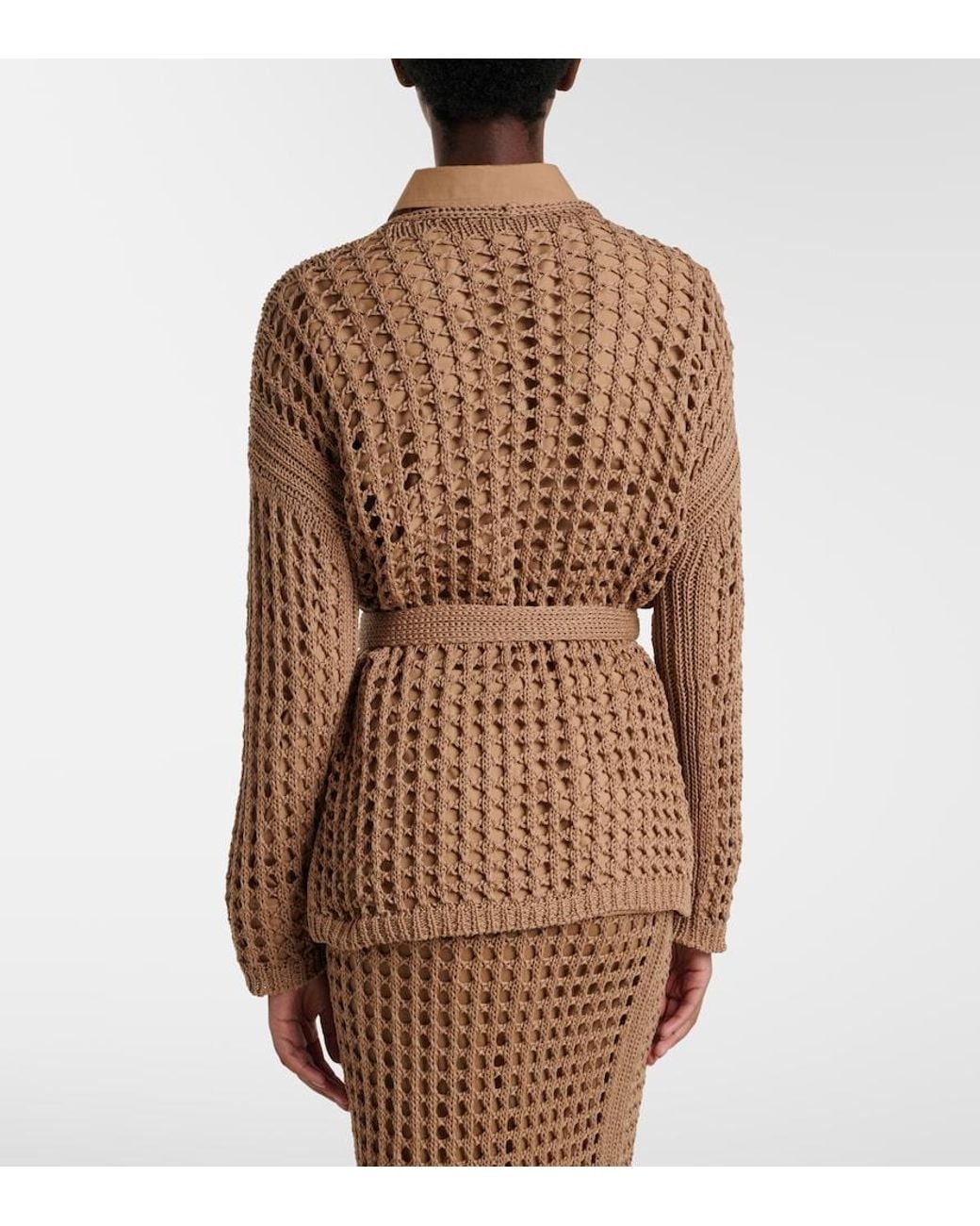 Max Mara Brown Gelo Open-Knit Cotton Wrap Cardigan