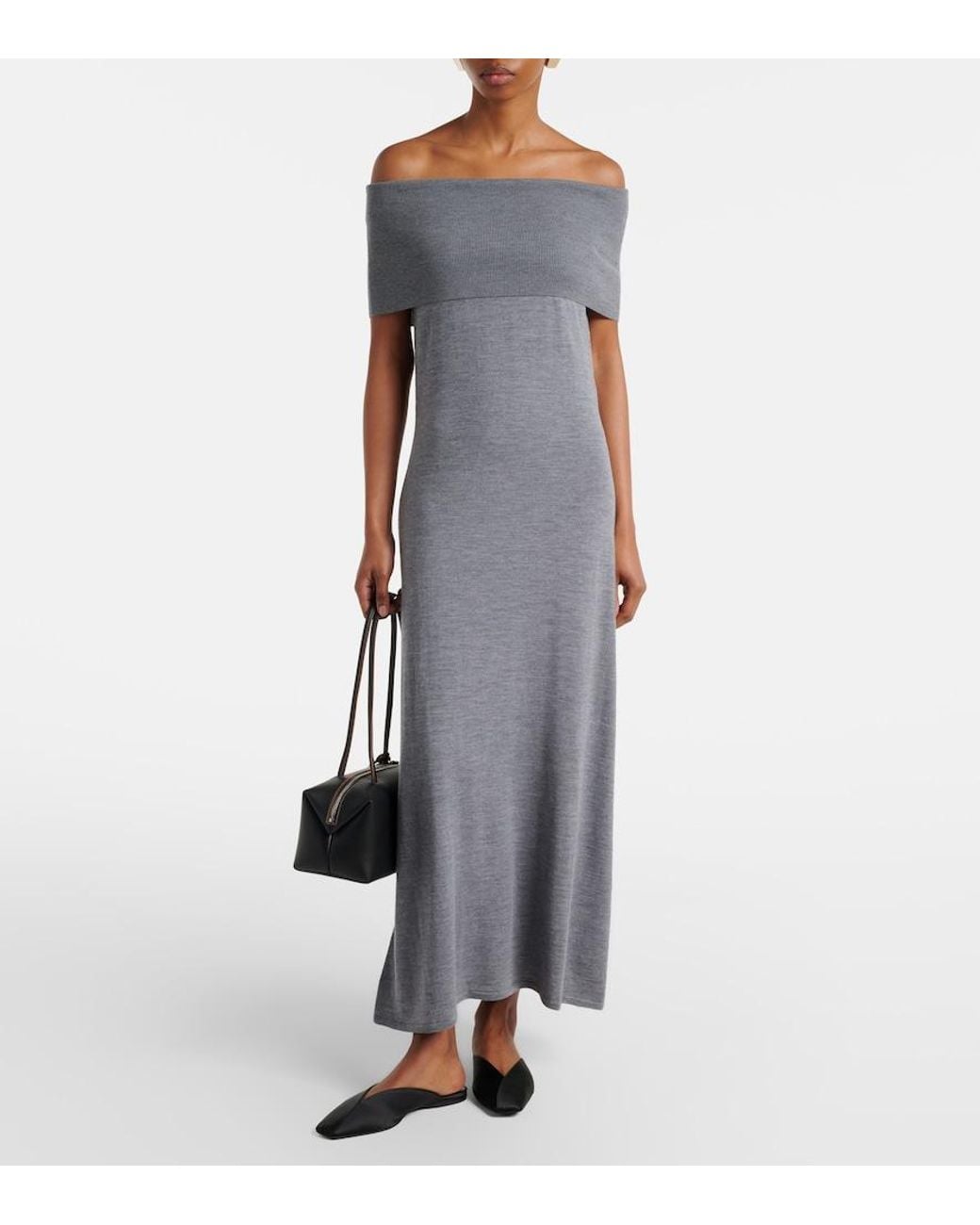 Jardin Des Orangers Gray Off-Shoulder Virgin Wool Maxi Dress