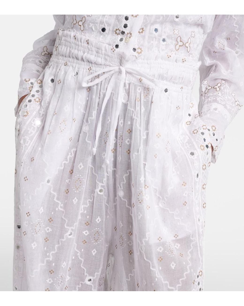 Juliet Dunn White Embellished Cotton Wide-Leg Pants