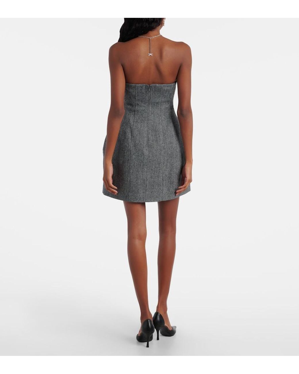 Self-Portrait Black Herringbone Wool-Blend Bustier Dress