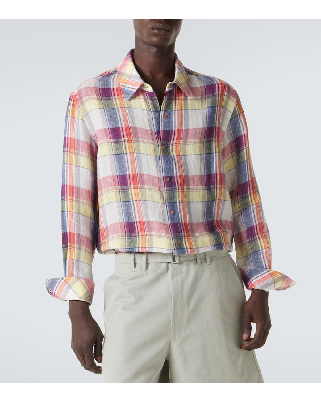 God's True Cashmere Pink Daybreak Plaid Linen Shirt With Sunstone for men