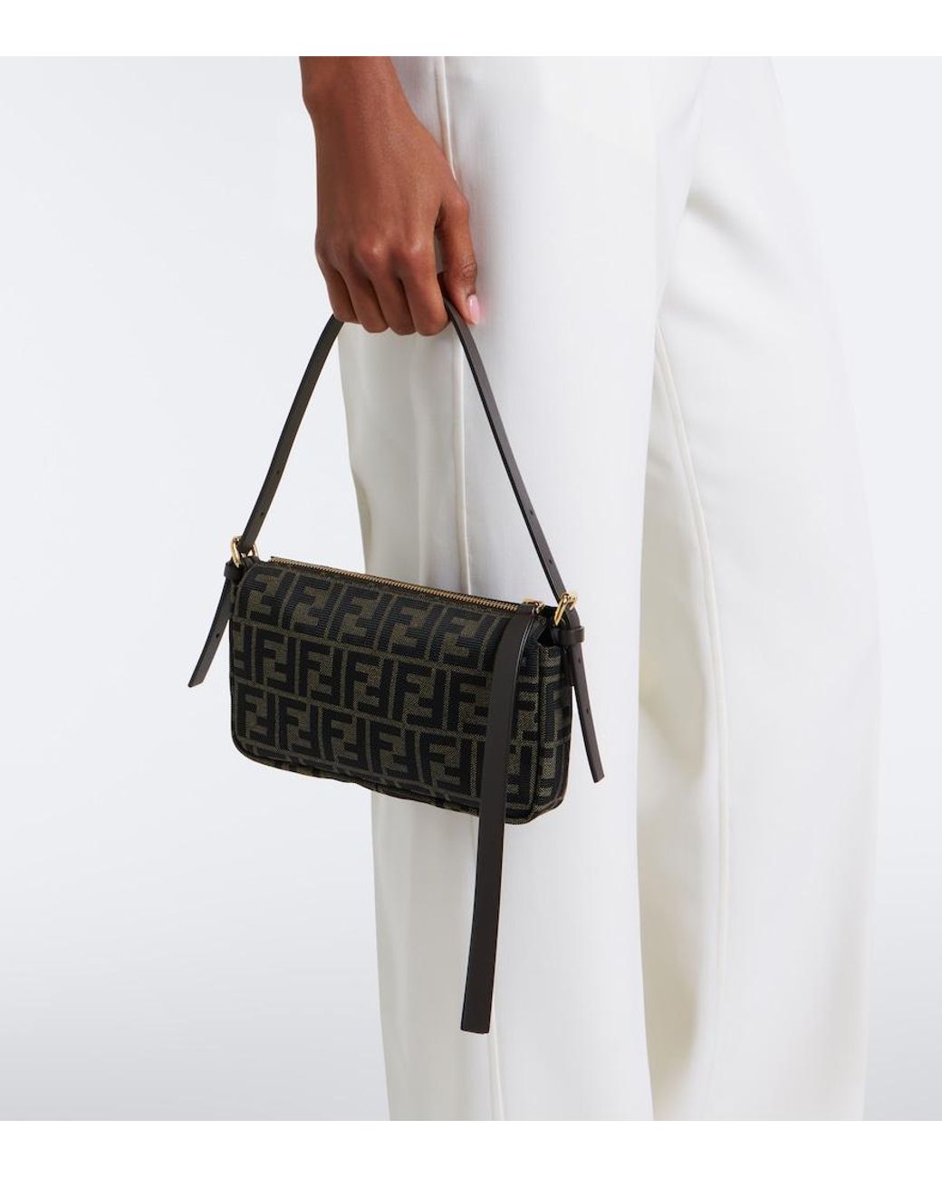 Fendi Black Zip Top Small Ff Jacquard Canvas Shoulder Bag