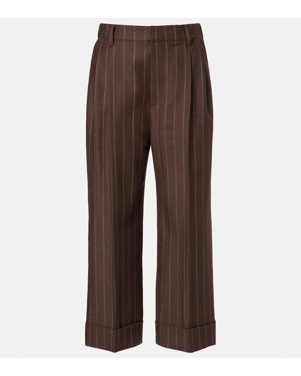 Brunello Cucinelli Brown Chalk Stripe Wool Cropped Flared Pants