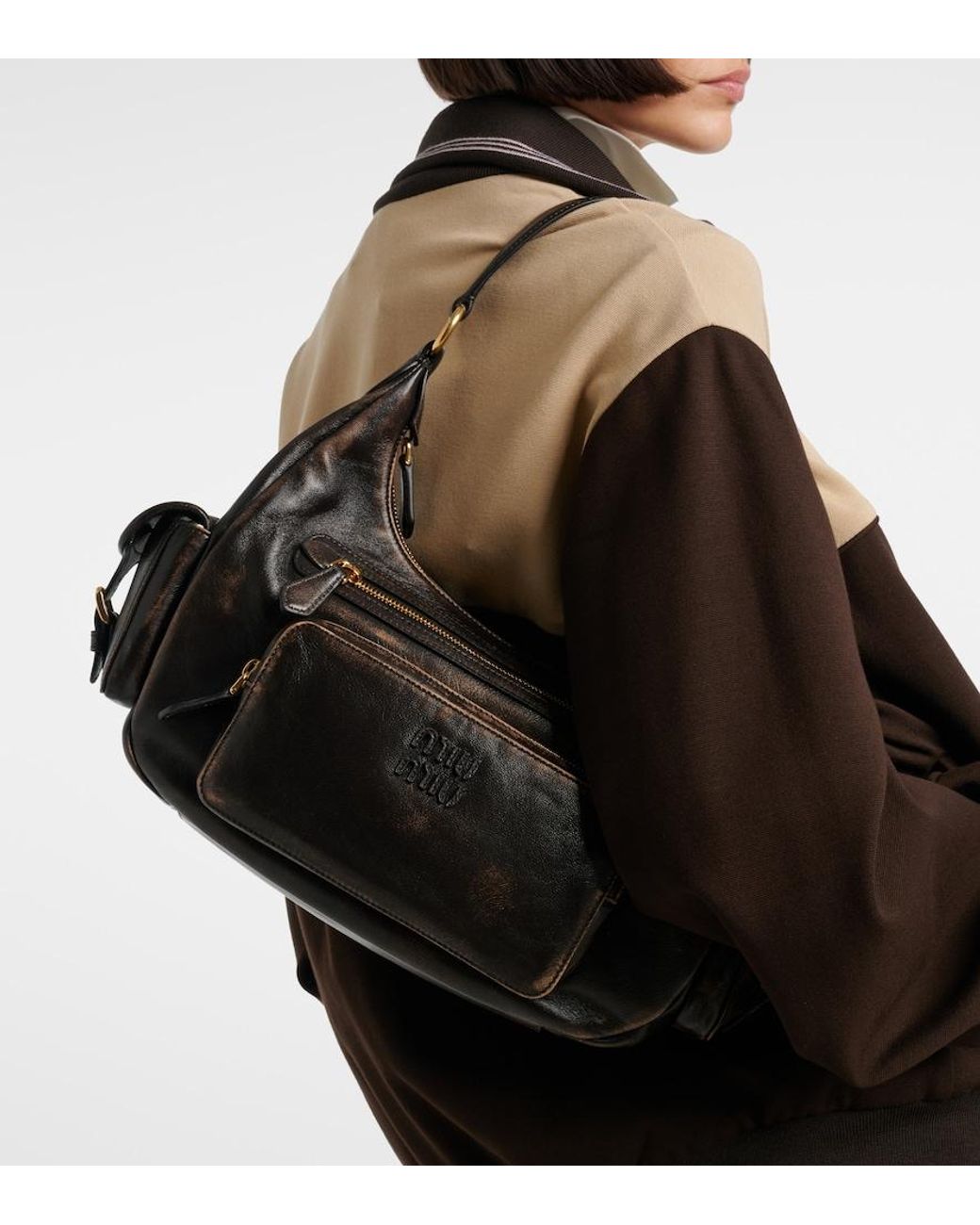 Miu Miu Black Distressed Leather Shoulder Bag