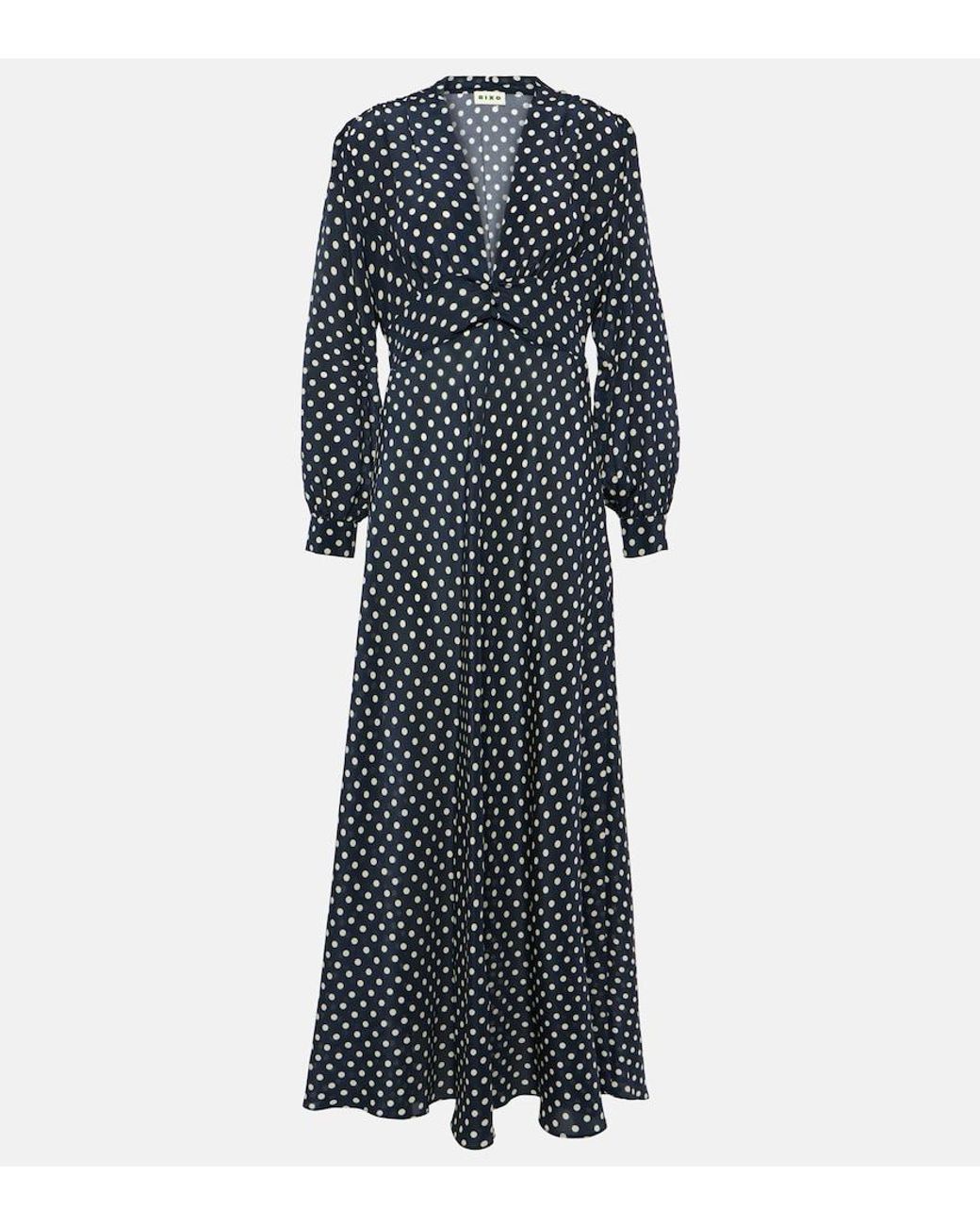 Rixo Blue Emory Polka-Dot Silk Maxi Dress