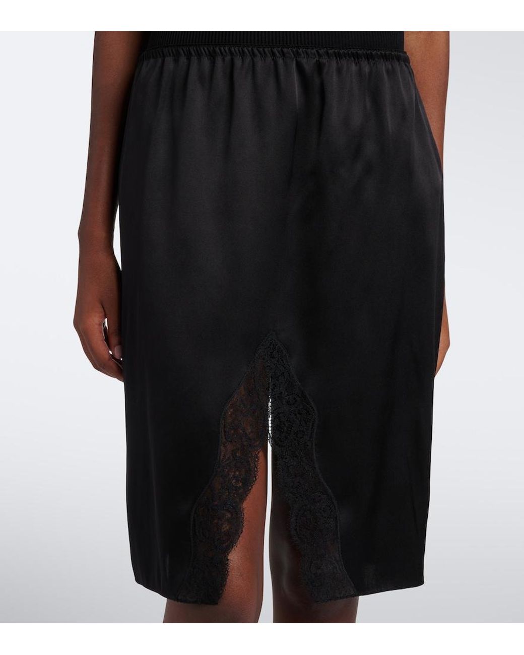 Saint Laurent Black Lace-Trimmed Silk Satin Slip Skirt