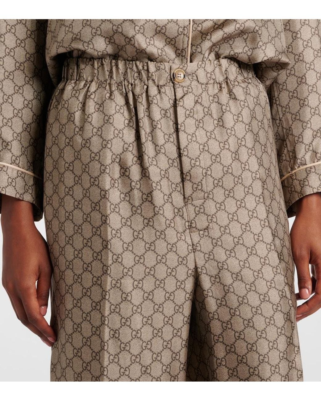 Gucci Natural Gg Supreme Printed Silk Twill Wide Pants
