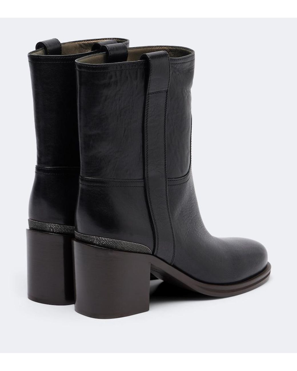 Brunello Cucinelli Black Monili Leather Ankle Boots