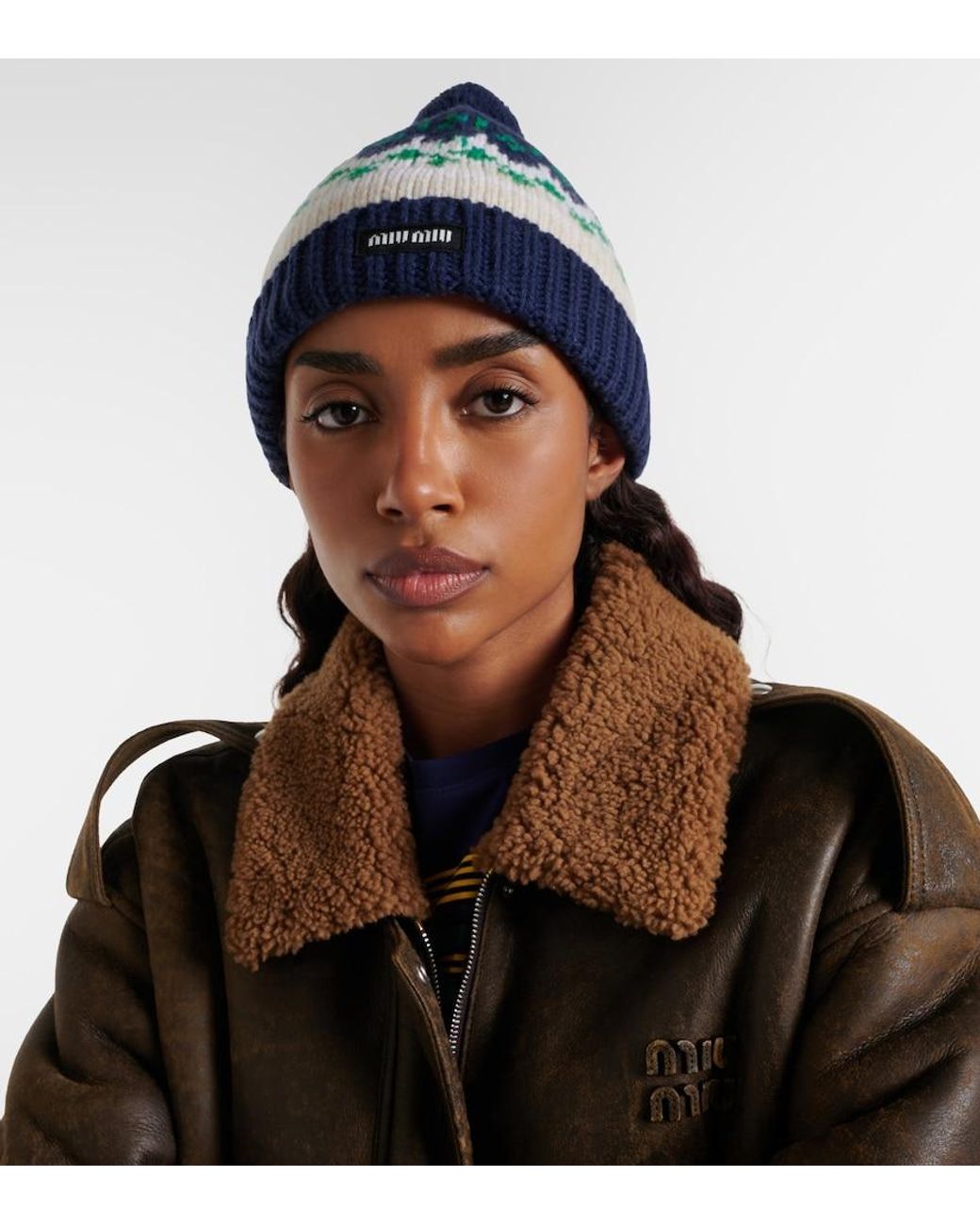 Miu Miu Blue Fair Isle Virgin Wool Beanie