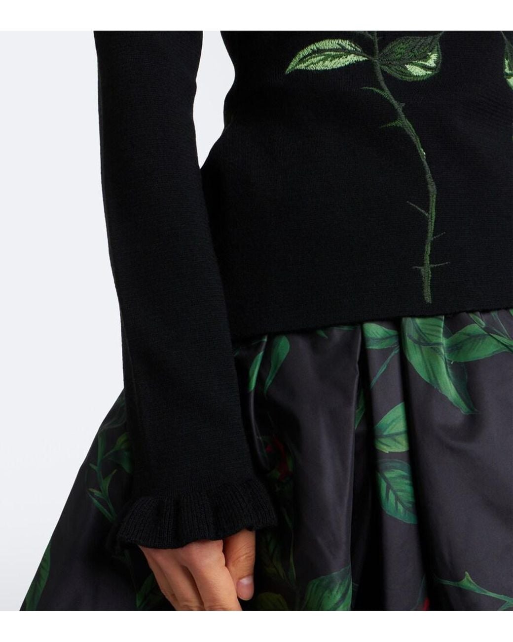 Blumarine Black Embroidered Ruffled Virgin Wool Sweater