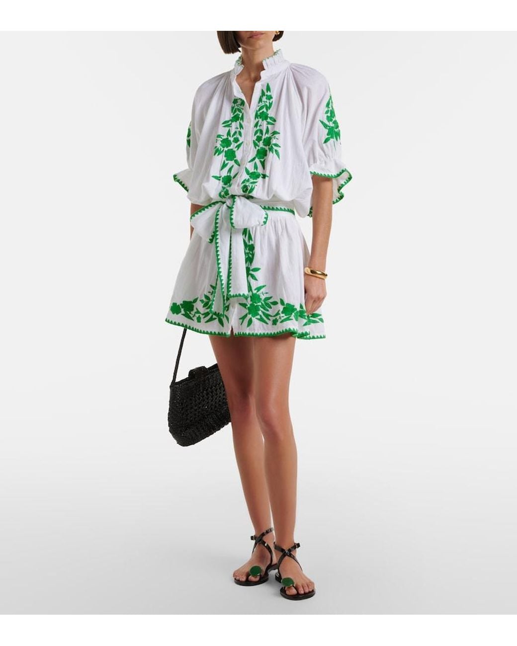 Juliet Dunn Green Embroidered Cotton And Linen Minidress