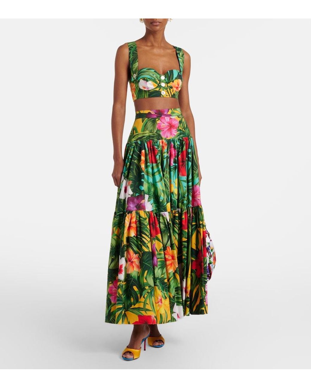 Dolce & Gabbana Green Floral Tiered Cotton Maxi Skirt