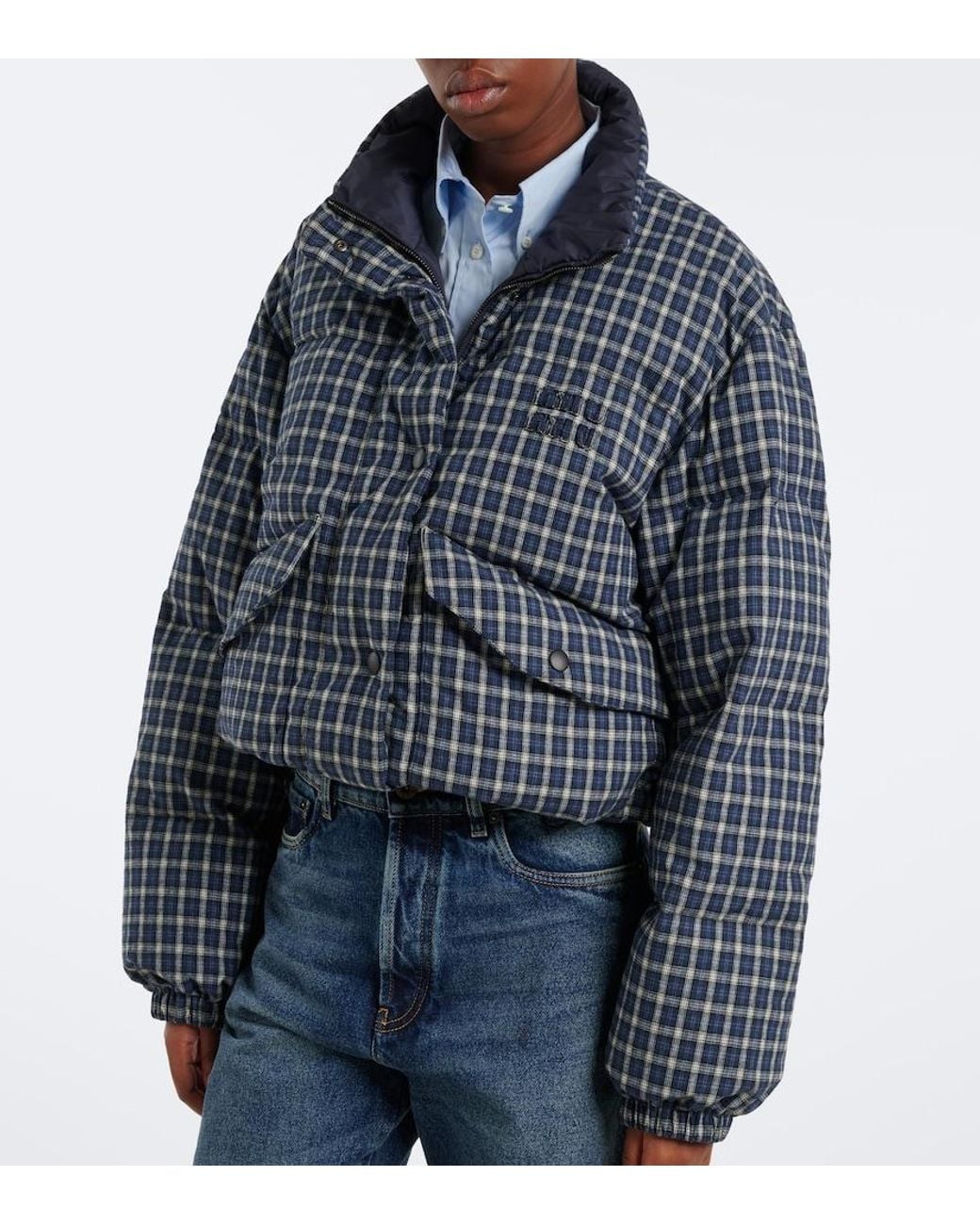 Miu Miu Blue Reversible Cotton Flannel Down Jacket