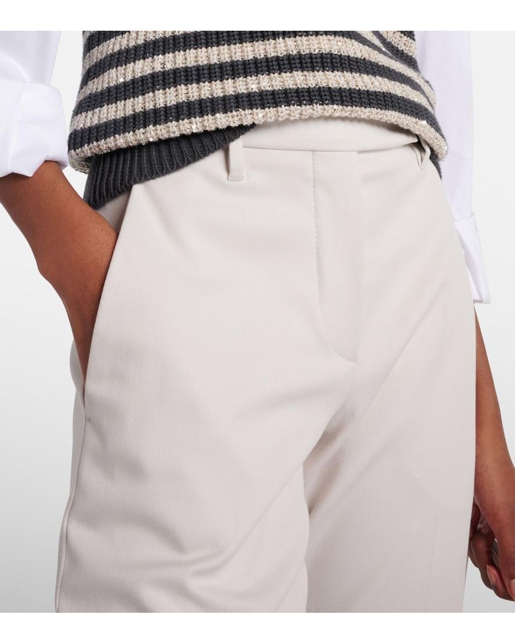 Brunello Cucinelli White Cotton-Blend Slim Pants