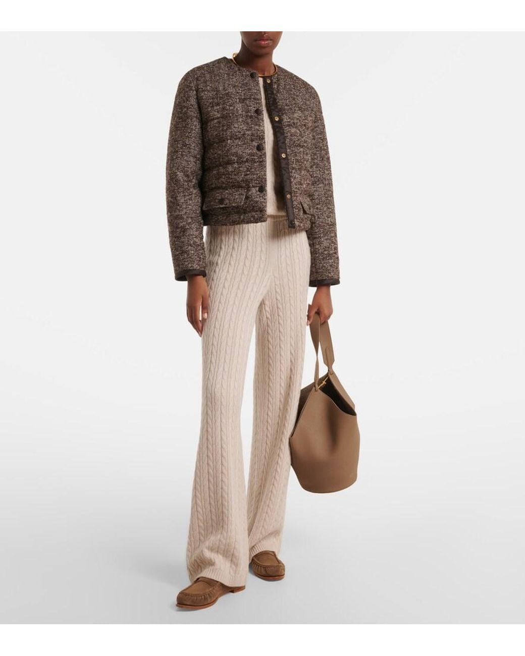 Agnona Natural Cable-Knit Cashmere Wide-Leg Pants