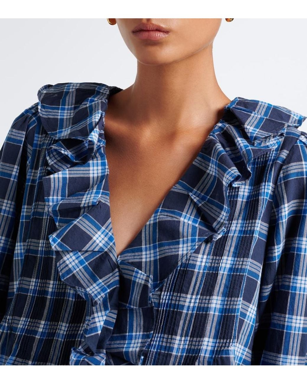 Doen Blue Hardy Plaid Ruffled Cotton Blouse