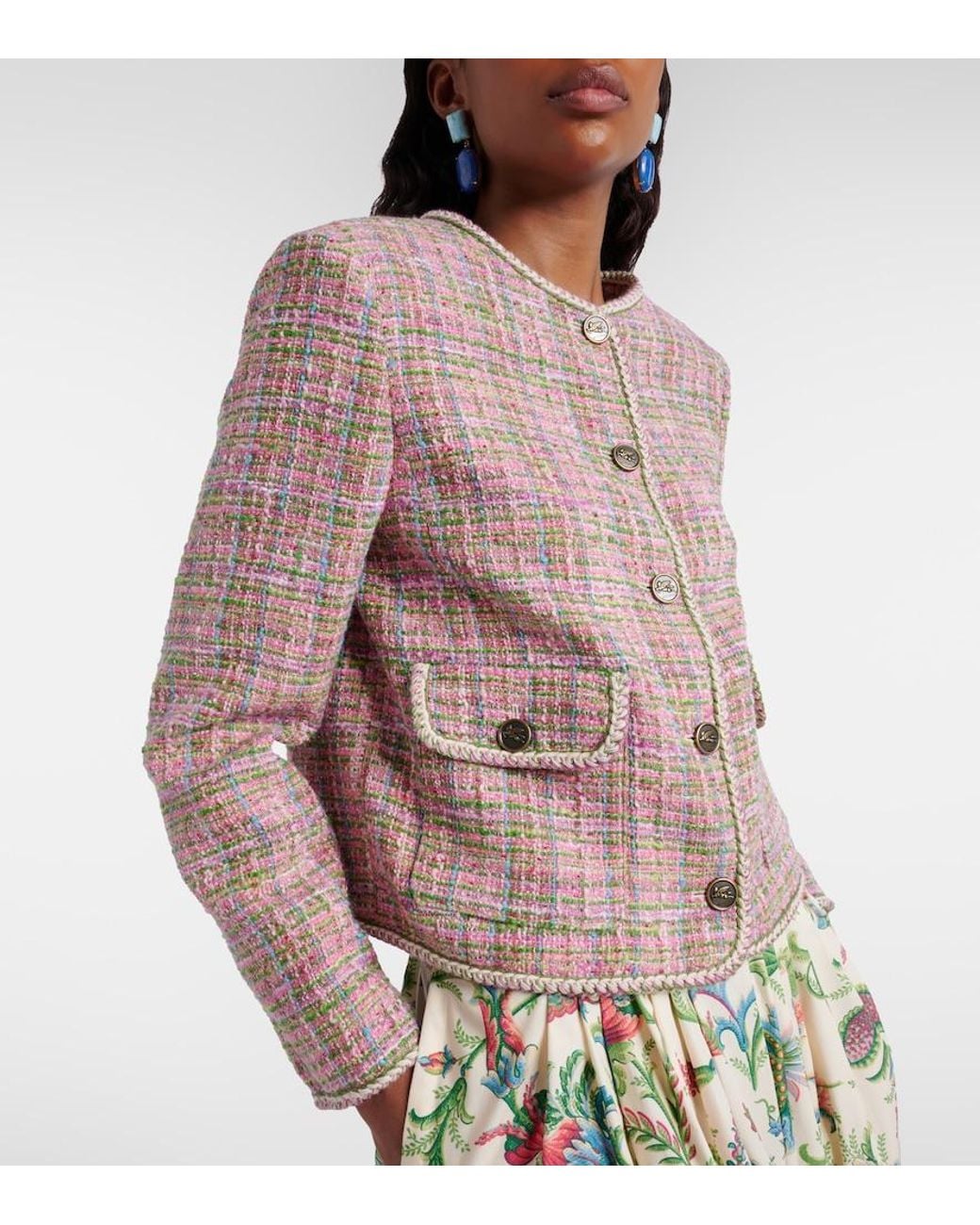 Etro Pink Checked Cotton-Blend Tweed Jacket