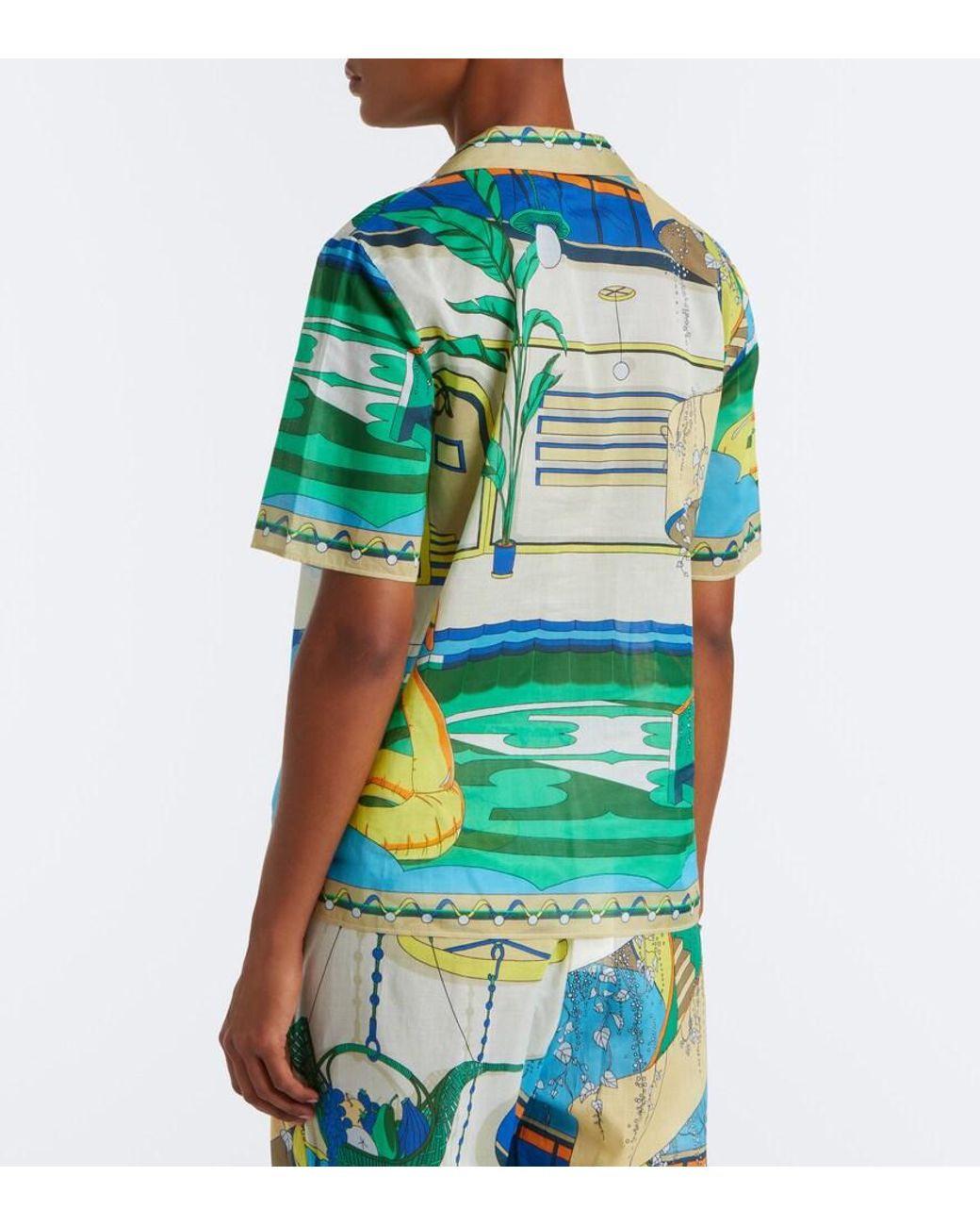 Tory Burch Blue Printed Cotton Poplin Bowling Shirt