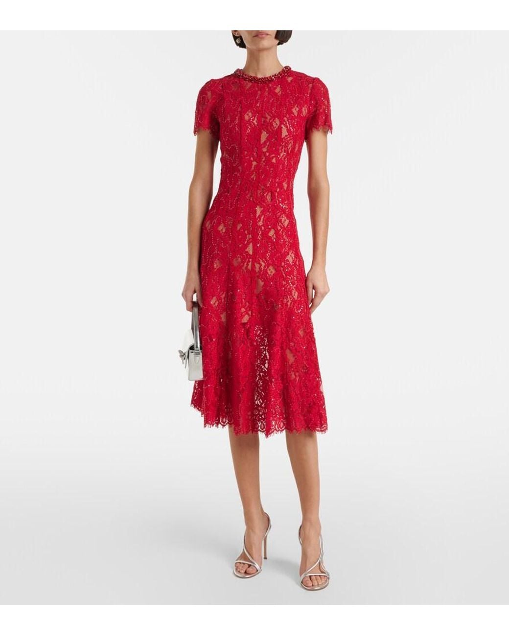 Self-Portrait Red Embellished Fishnet Midi Dress