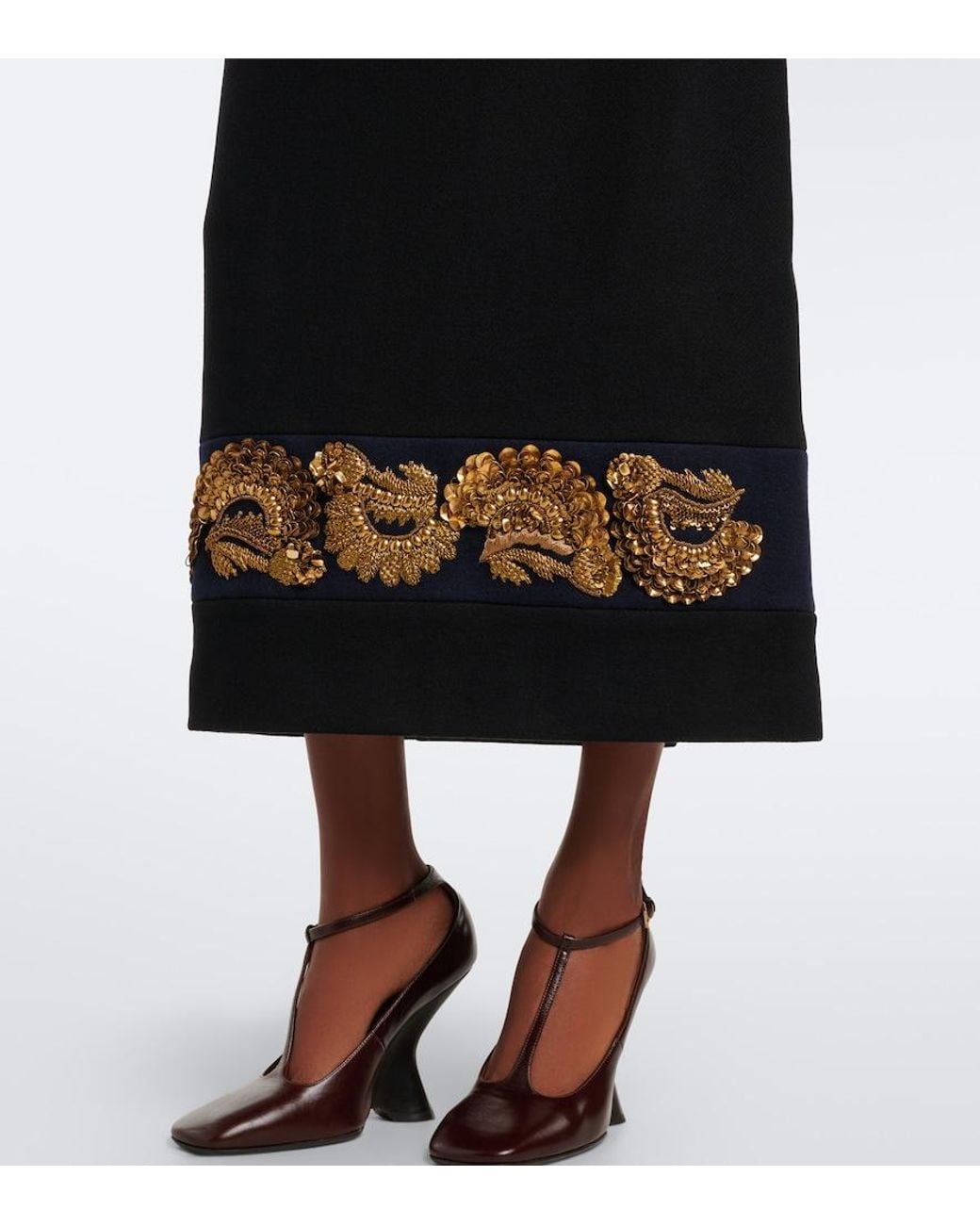 Dries Van Noten Black Embellished Wool-Blend Twill Midi Skirt