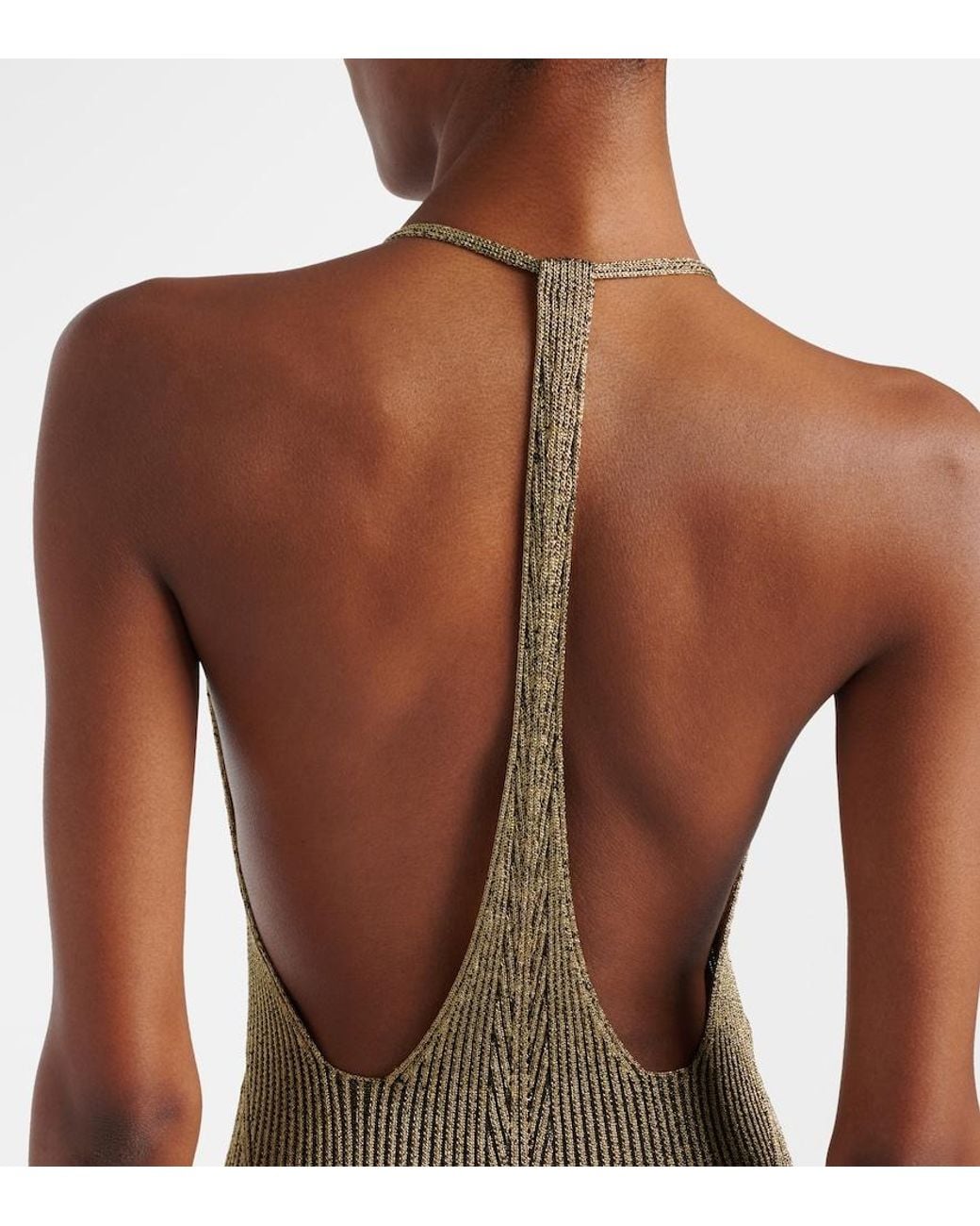 Roberto Cavalli Natural Ribbed-Knit Lame Maxi Dress