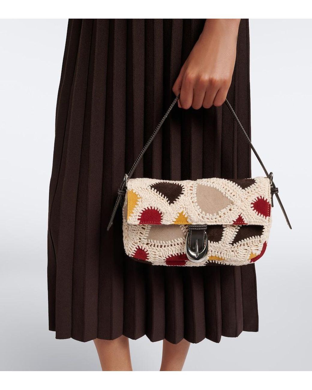 Staud Pink Harlow Small Suede And Crochet Shoulder Bag
