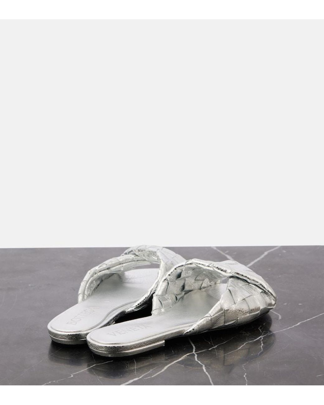 Bottega Veneta White Blink Intrecciato Metallic Leather Mules