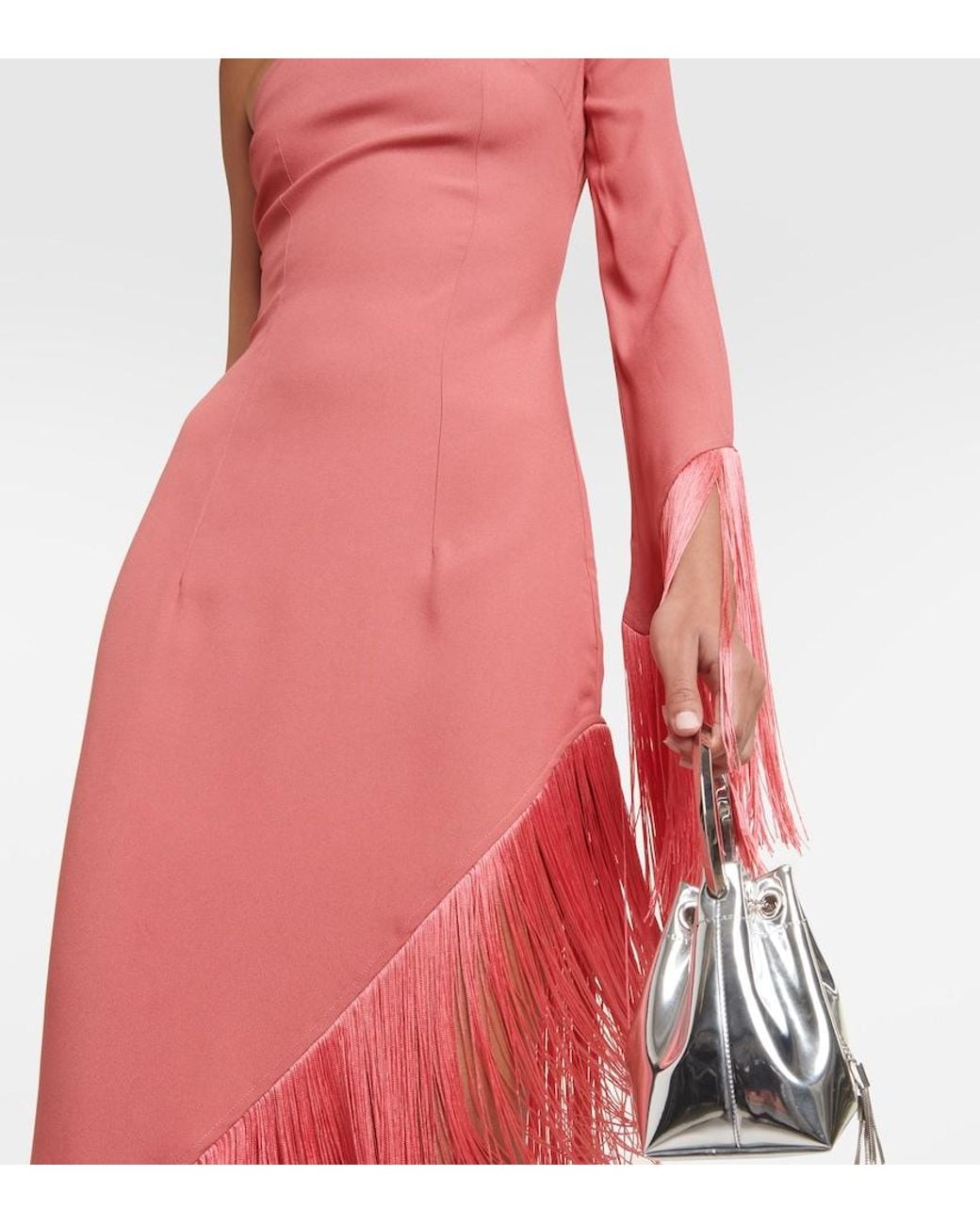 Taller Marmo Red Aventador Fringed One-Shoulder Midi Dress