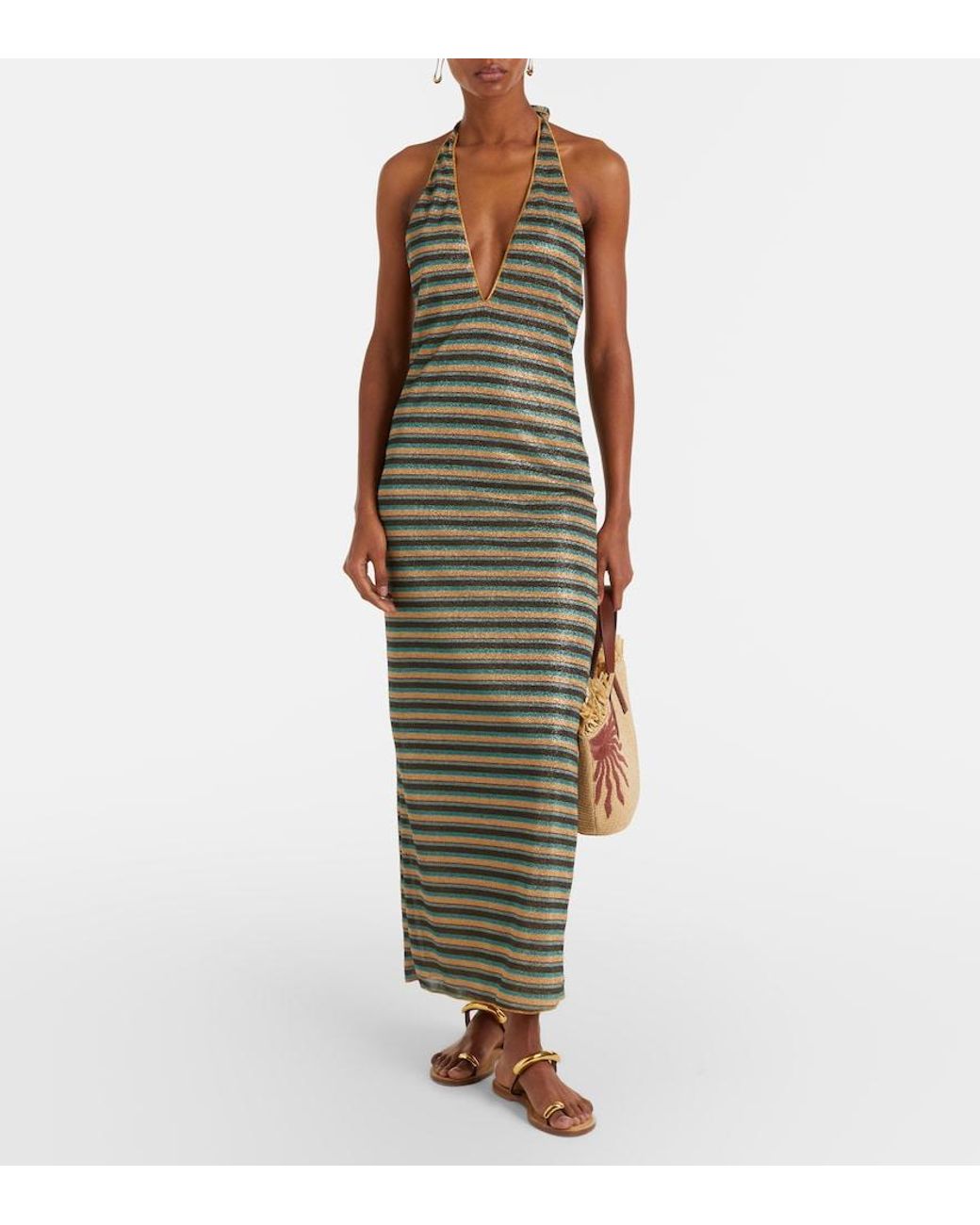 Oseree Metallic Lumiere Striped Halterneck Maxi Dress