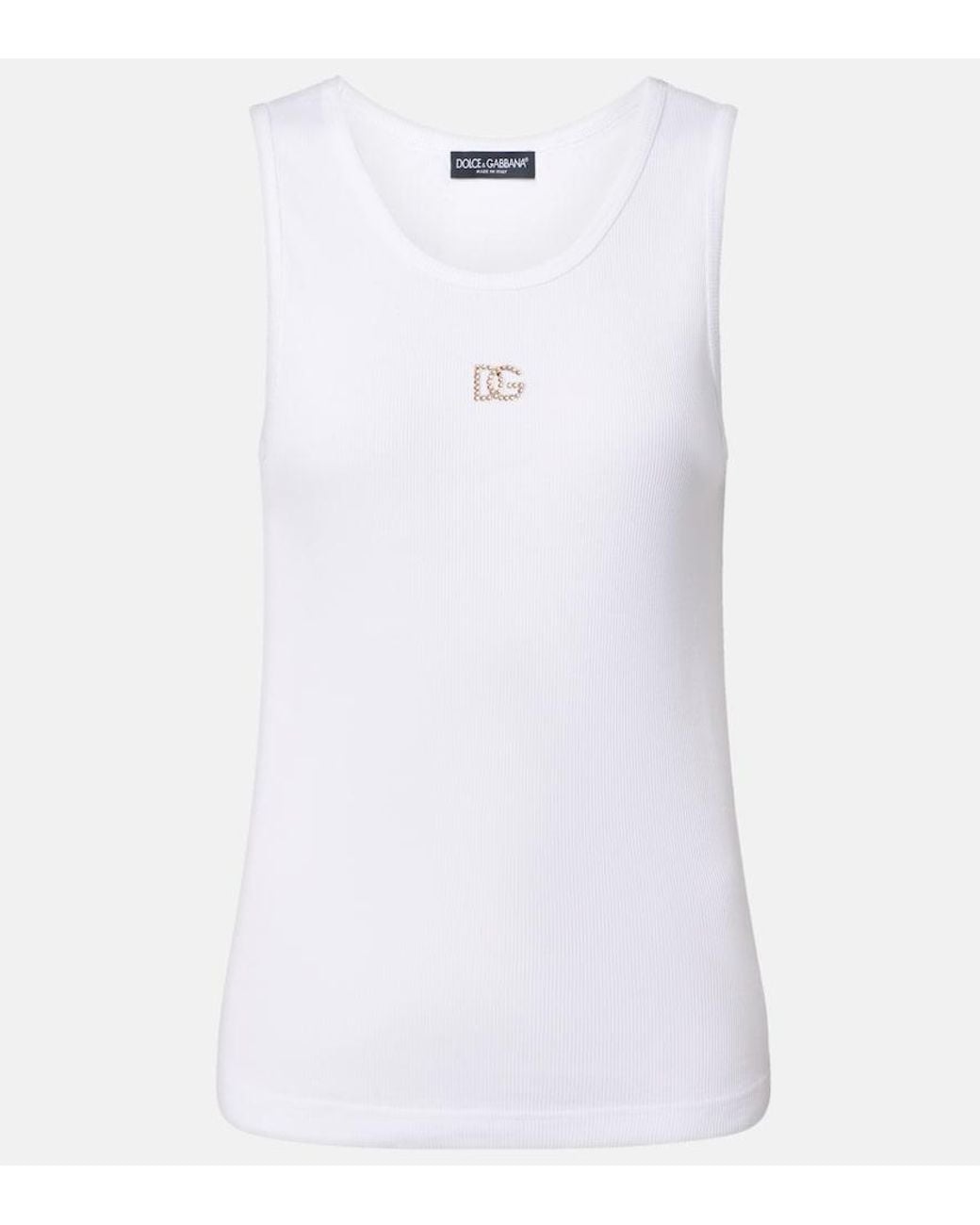 Dolce & Gabbana White Dg Embellished Ribbed-Knit Cotton Tank Top