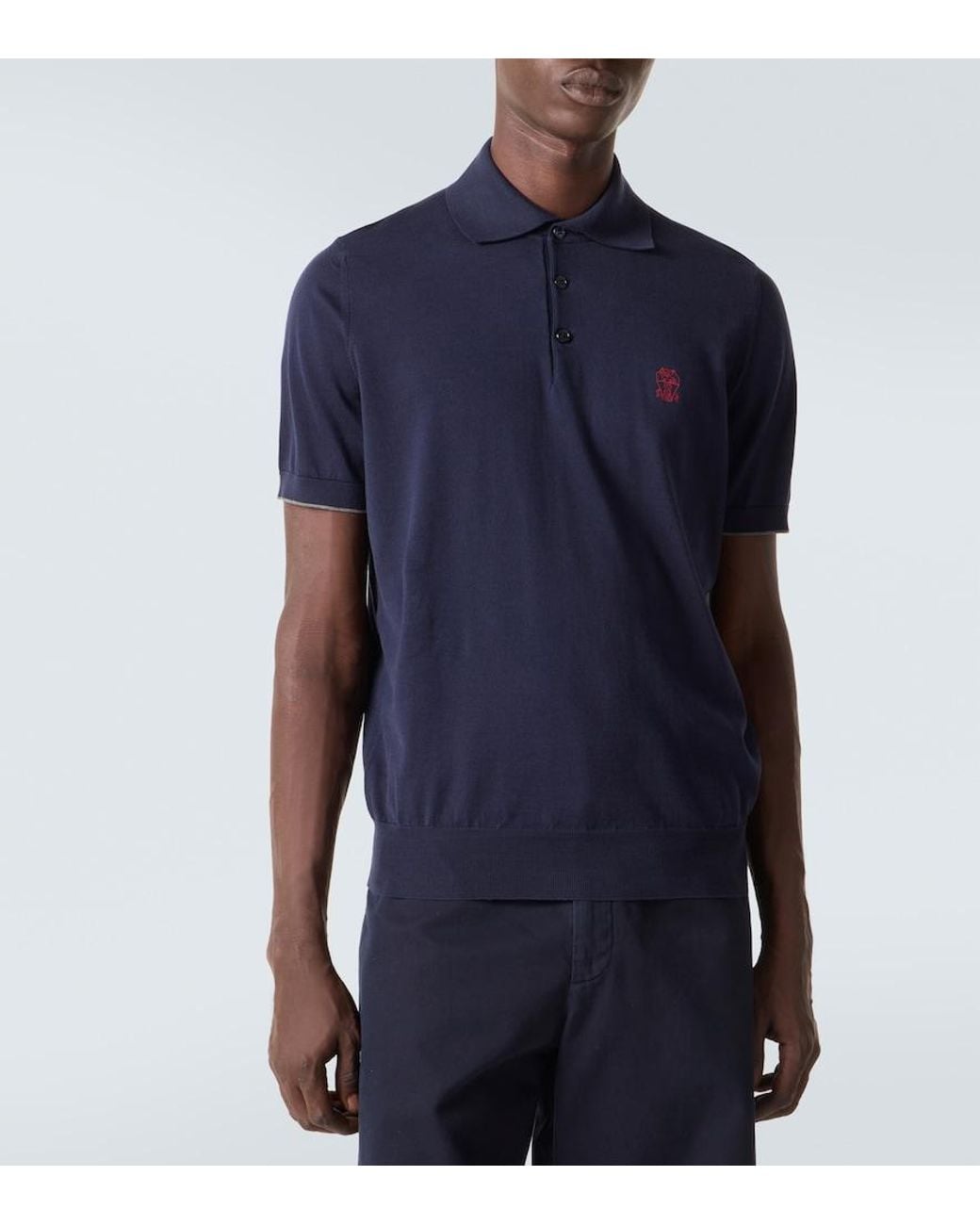 Brunello Cucinelli Blue Embroidered Cotton Pique Polo Shirt for men