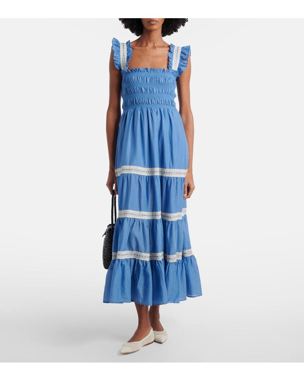 Rixo Blue Aubrie Lace-Trimmed Cotton Voile Midi Dress