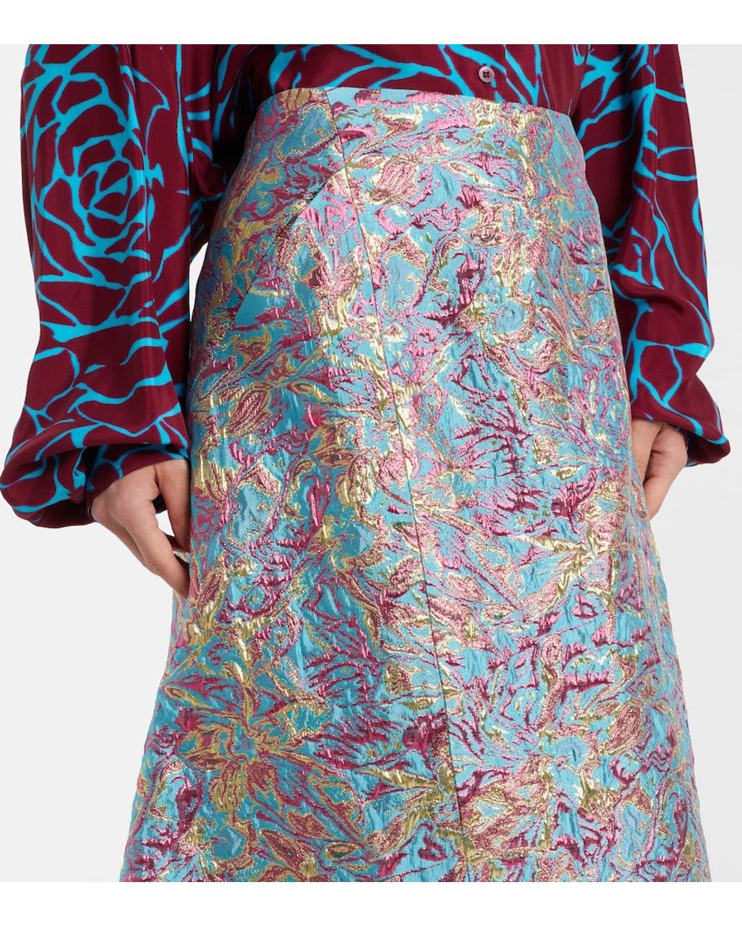 Dries Van Noten Blue Brocade Midi Skirt