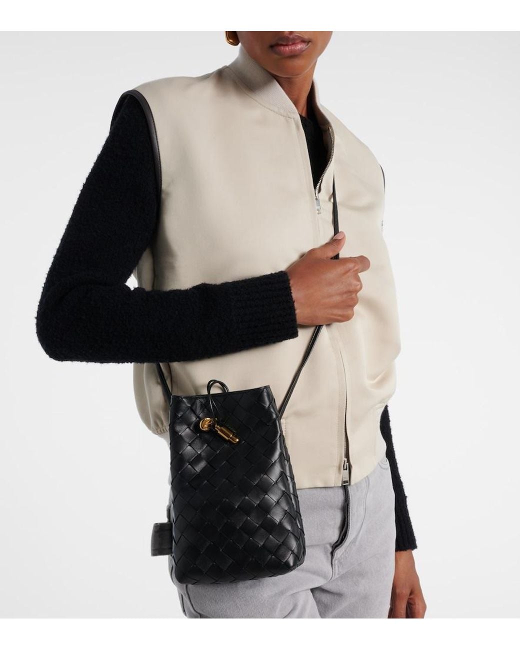 Bottega Veneta Black Andiamo Intrecciato Leather Phone Pouch