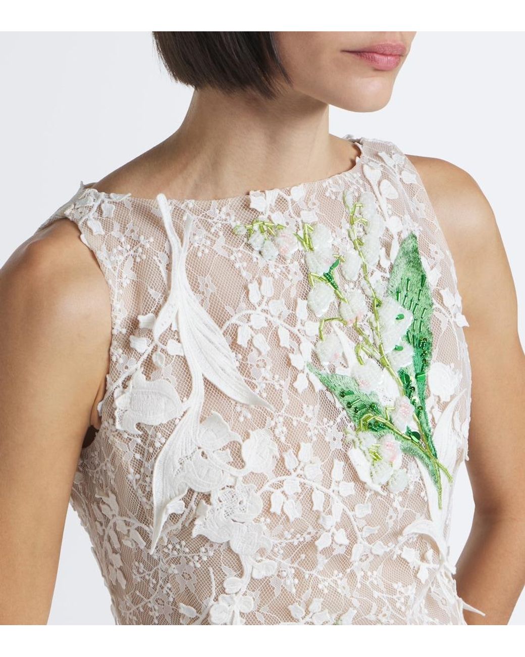 LEO LIN Natural Cleo Beaded Floral-Applique Lace Dress