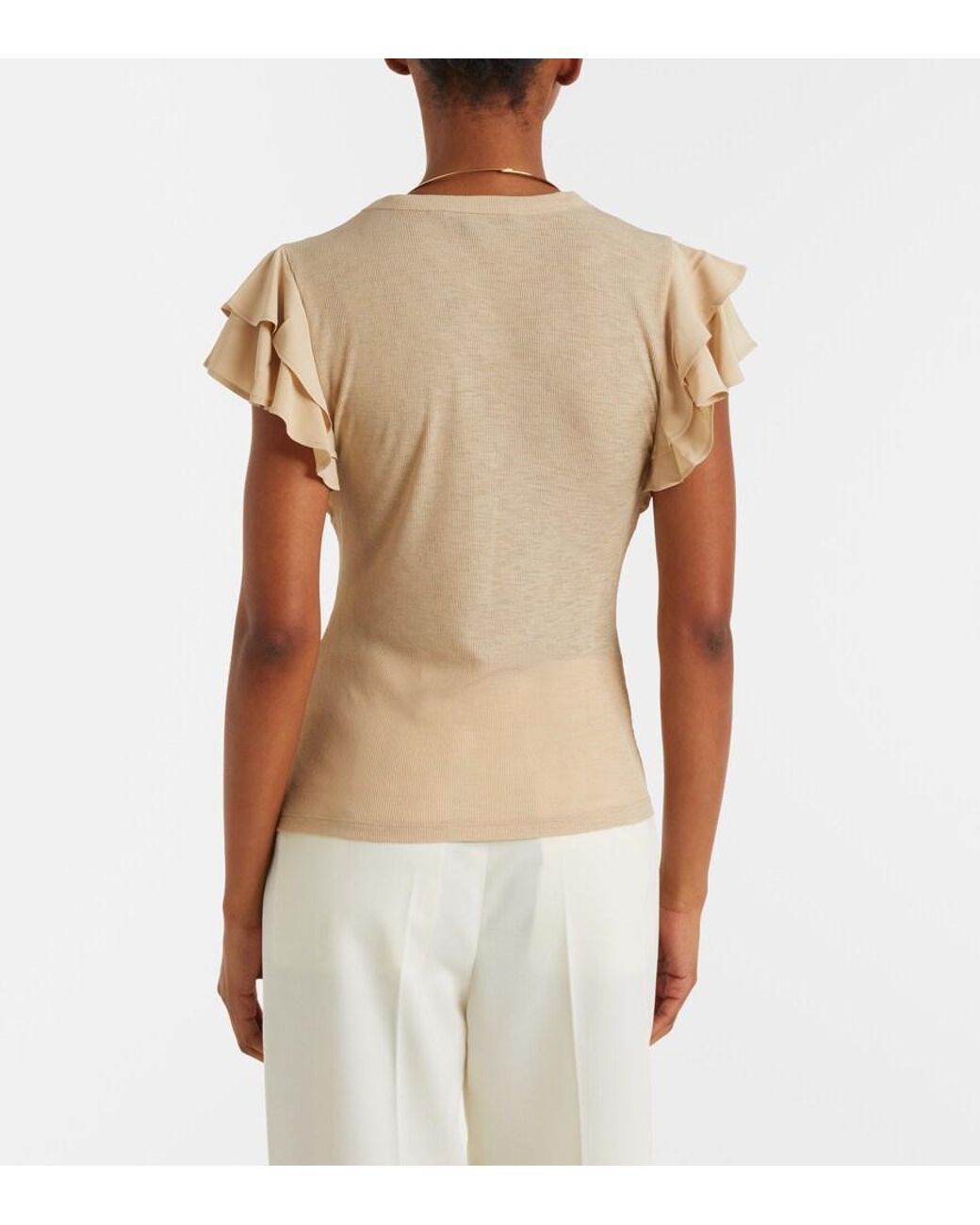 Veronica Beard Natural Aphrodite Ribbed-Knit Ruffled Top