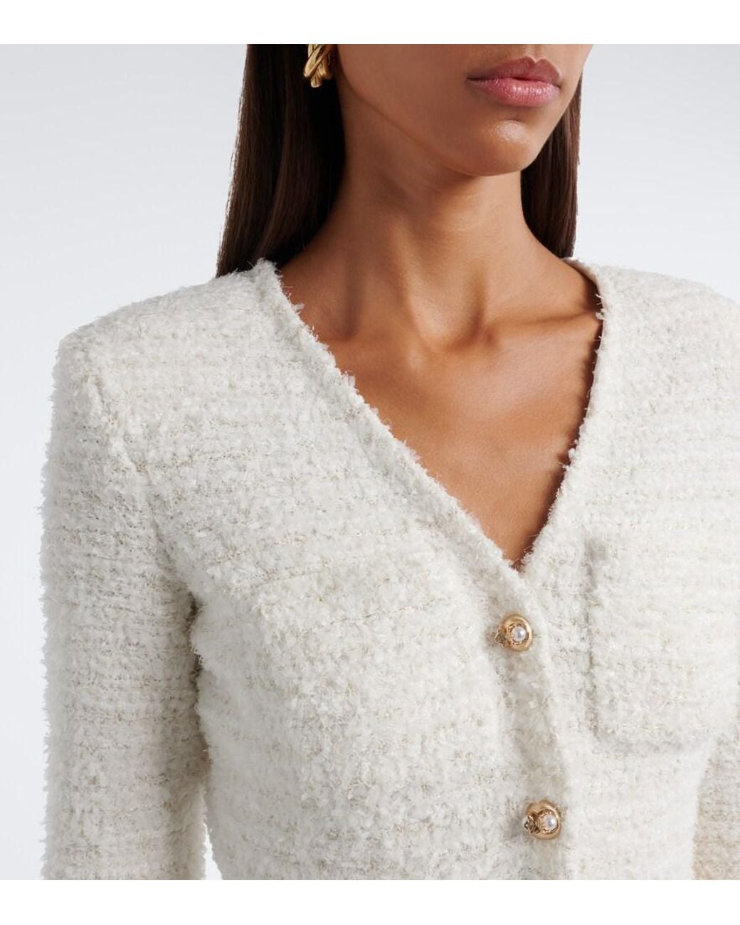 Self-Portrait White Belted Boucle Cardigan