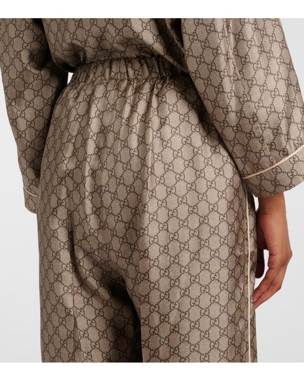 Gucci Natural Gg Supreme Printed Silk Twill Wide Pants