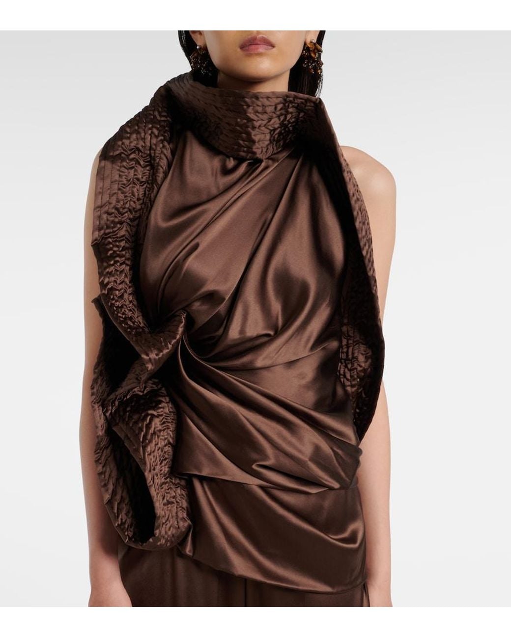 Dries Van Noten Brown Asymmetric Draped Silk-Blend Satin Top