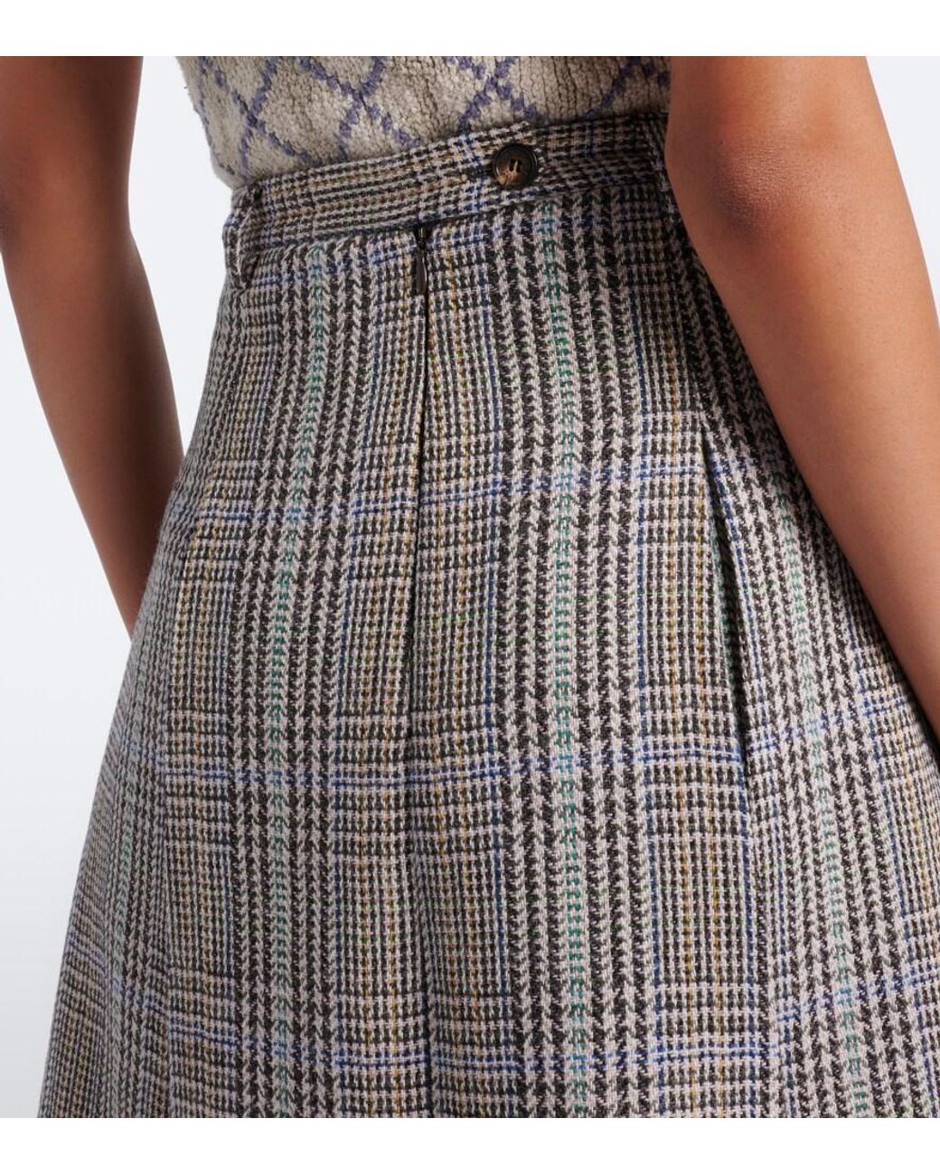 Acne Gray Checked Pleated Wool Midi Skirt