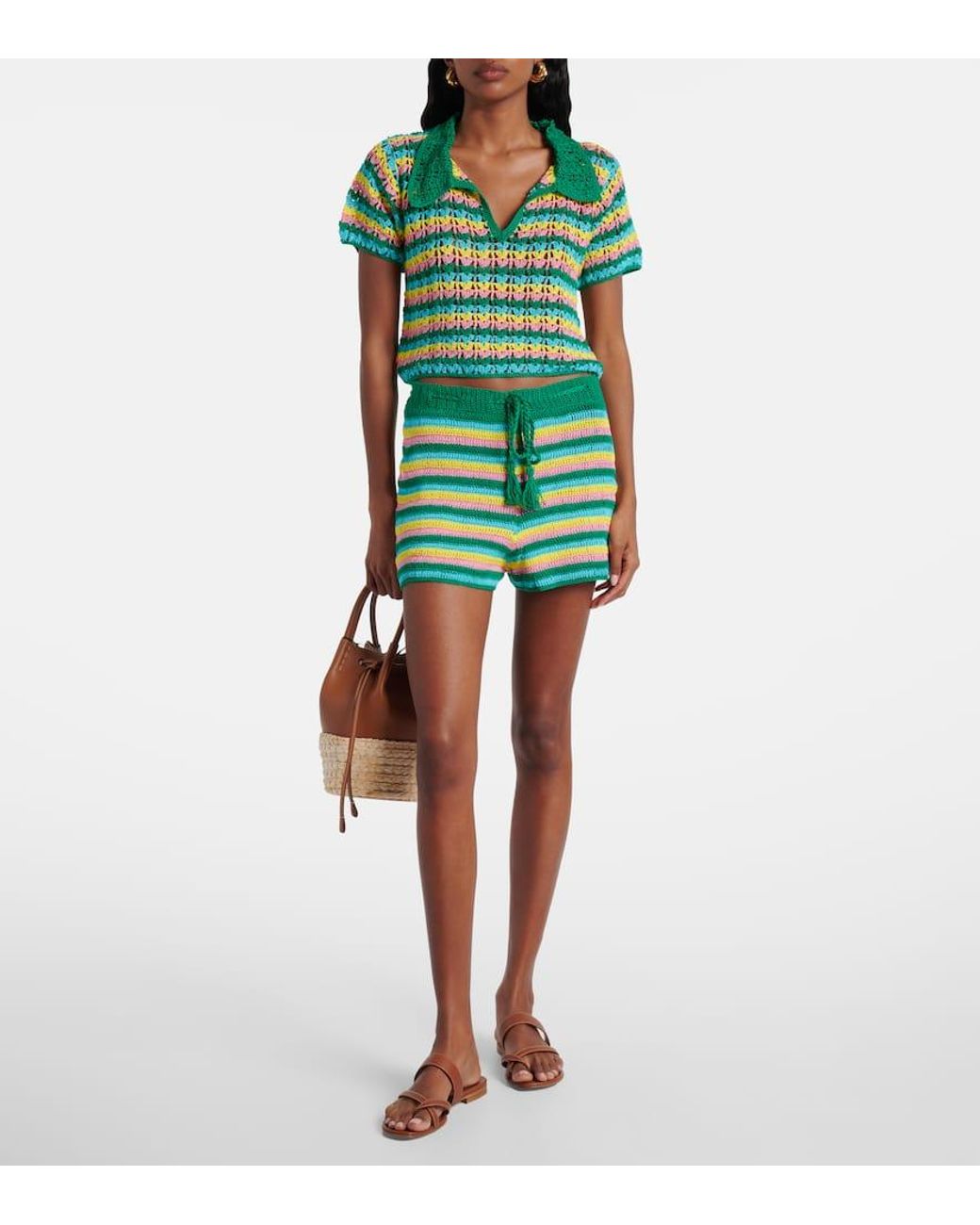 Anna Kosturova Green Striped Crochet Cotton Shorts