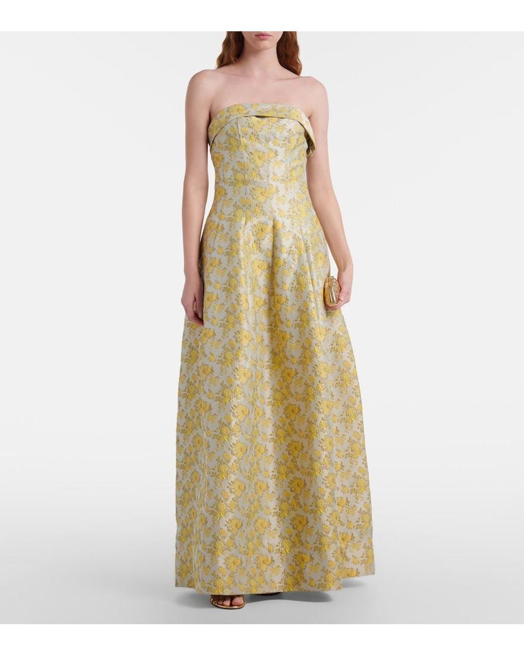 Jonathan Simkhai Yellow Octavia Floral Jacquard Bustier Gown
