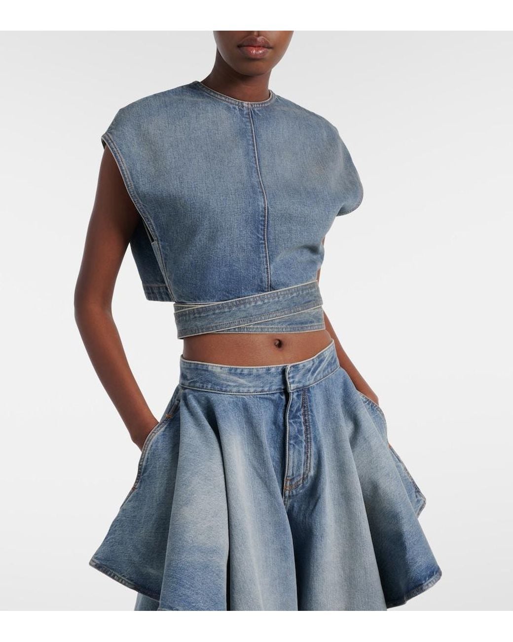 Alaïa Blue Belted Denim Crop Top