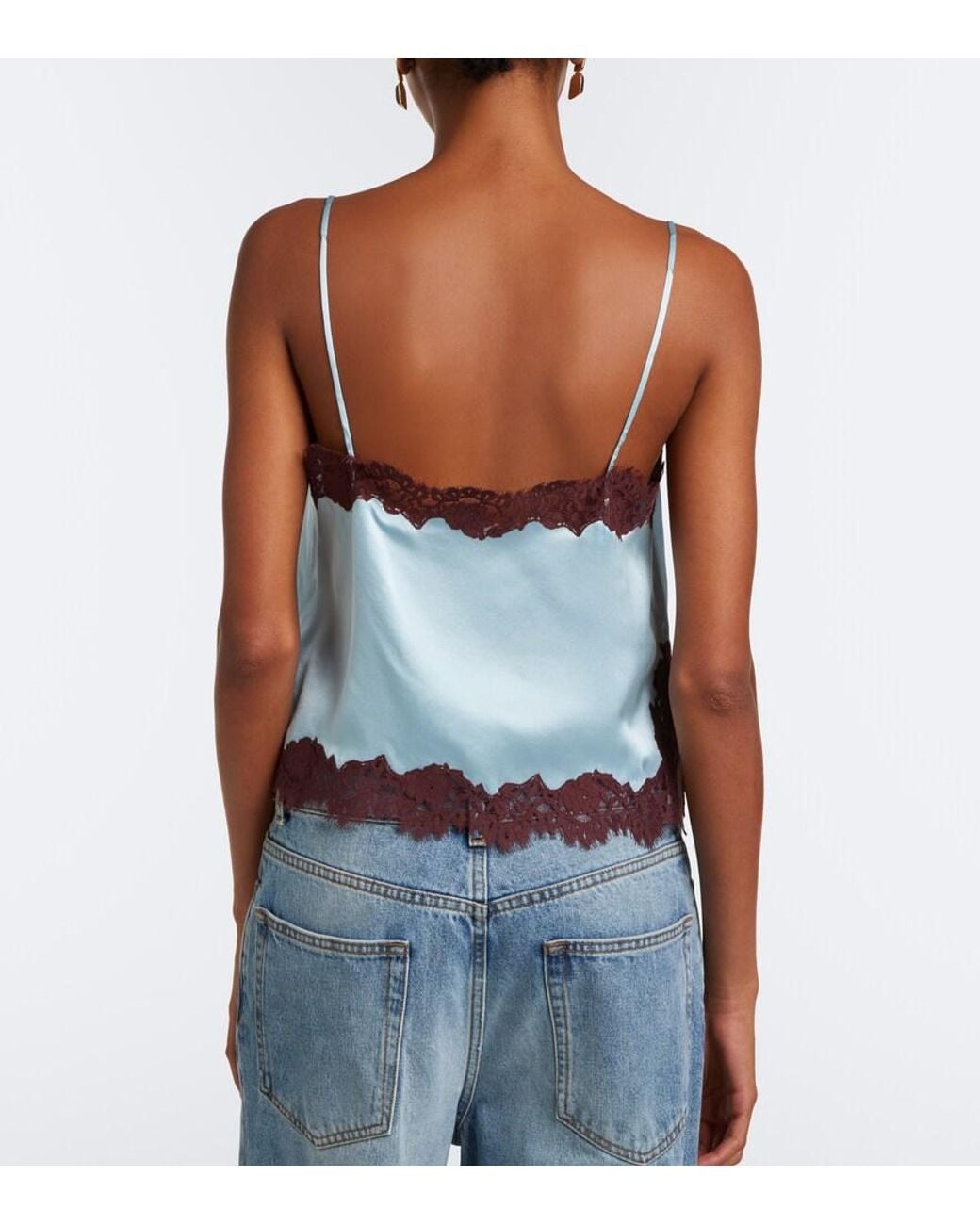 Doen Blue Avelaine Lace-Trimmed Silk Satin Camisole