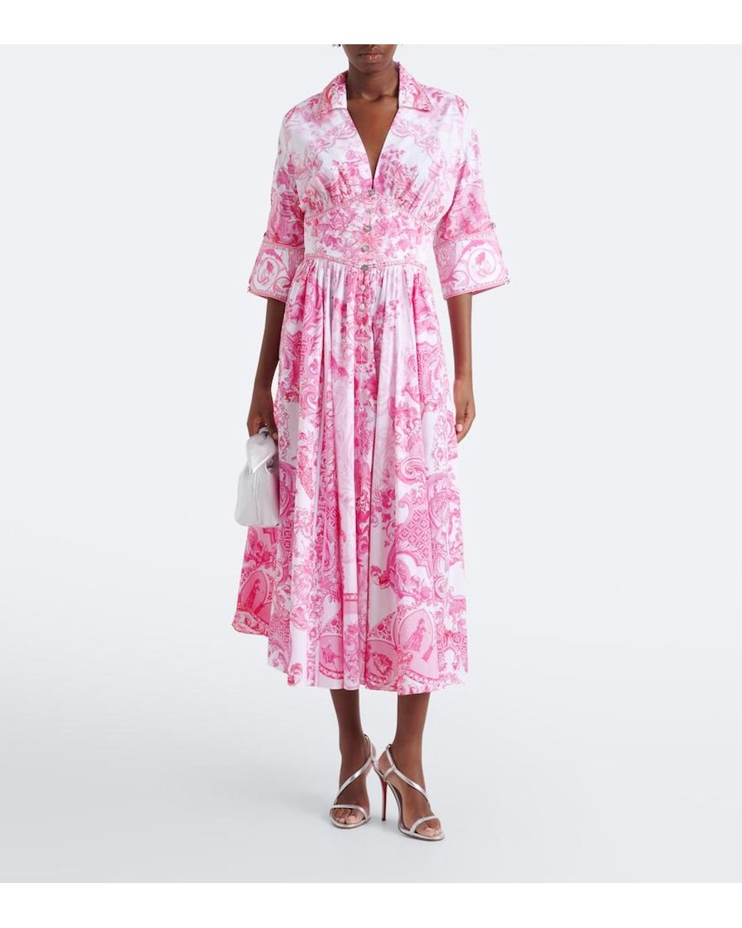 Camilla Pink Embellished Floral Cotton Midi Dress